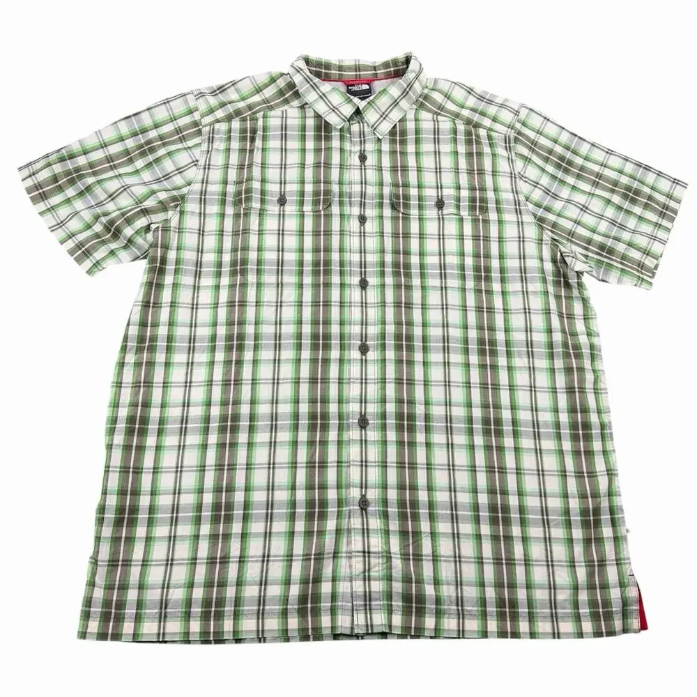 The North Face Button Up Shirt Mens XL Green Plaid Short Sleeve Outdoor Hiking